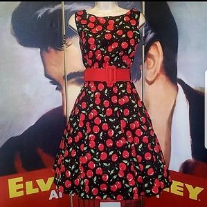 RockABillyGirlZ Retro 1950's Style Black Cherry Fit n Flare Dress Red 2.5" Belt